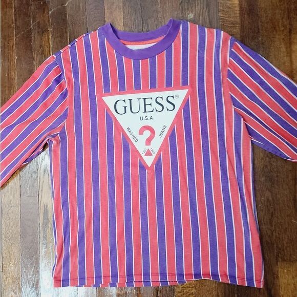 Y2K Guess Retro Red Purple Striped Classic Logo Long Sleeve T-shirt - Picture 2 of 16